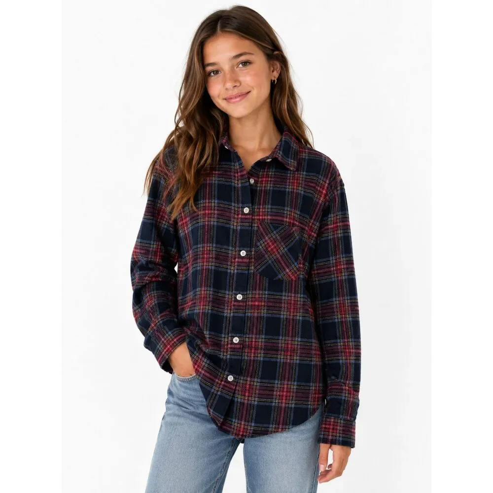 Abercrombie Kids Girls Plaid Flannel Shirt Size 13/14 Red Navy Long Sleeve